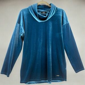 Jones New York Signature Cowl Neck Velvet Long Sleeve Top in Blue Small